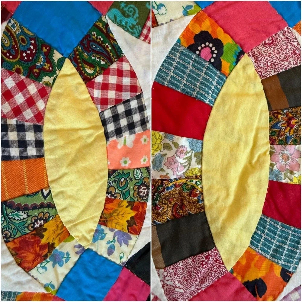 Vintage Handmade Colorful Floral Scrap Pink Double Wedding Ring Full Quilt 80x90